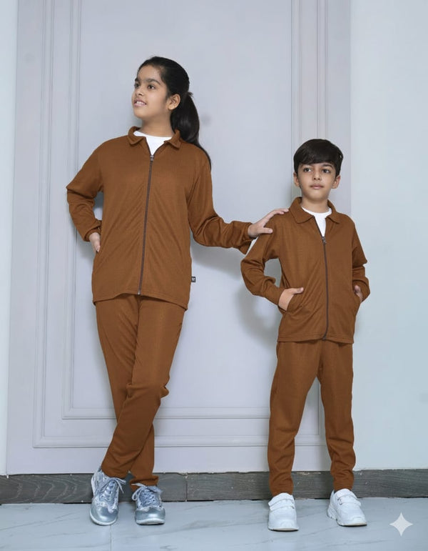 KIDS ZIPPER CO-ORD SET CAMEL BROWN  (KS-370004)