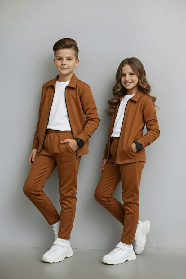KIDS ZIPPER CO-ORD SET CAMEL BROWN  (KS-370004)